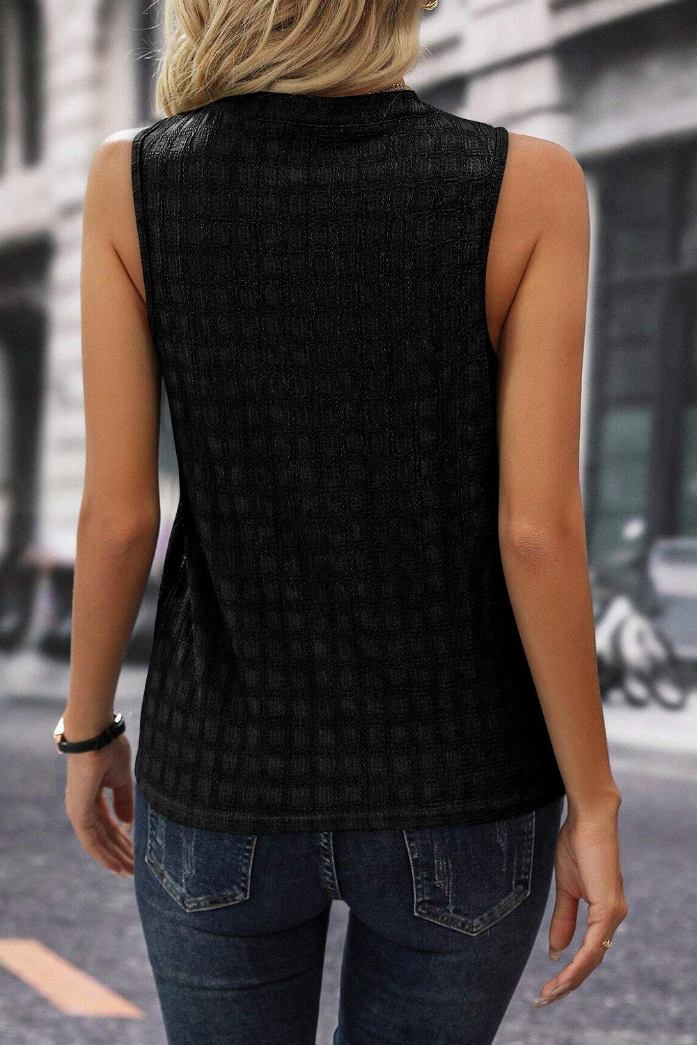 Crowned Energy CO. Black / S / 97%Polyester+3%Elastane Dear-Lover Dropshipping Tops/Tank Tops Black Lattice Textured Split Neck Tank Top