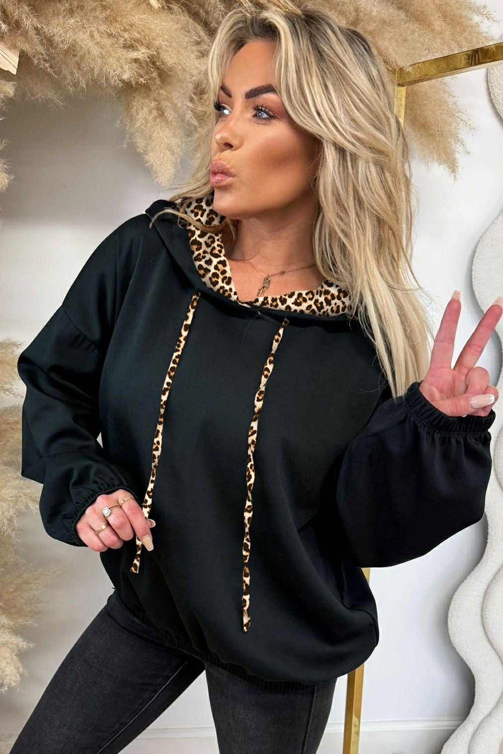 Black Leopard Contrast Drawstring Hood Drop Shoulder Loose Top - Crowned Energy CO.