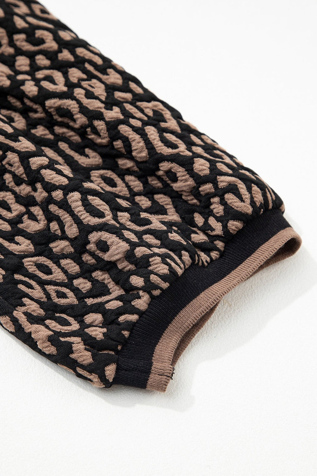 Black Leopard Print Puffy Bracelet Sleeve Contrast Trim Round Neck Top - Crowned Energy CO.