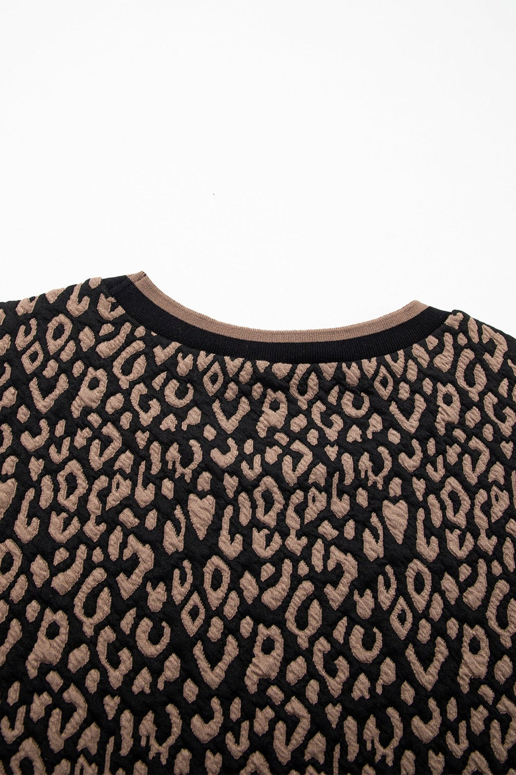 Black Leopard Print Puffy Bracelet Sleeve Contrast Trim Round Neck Top - Crowned Energy CO.