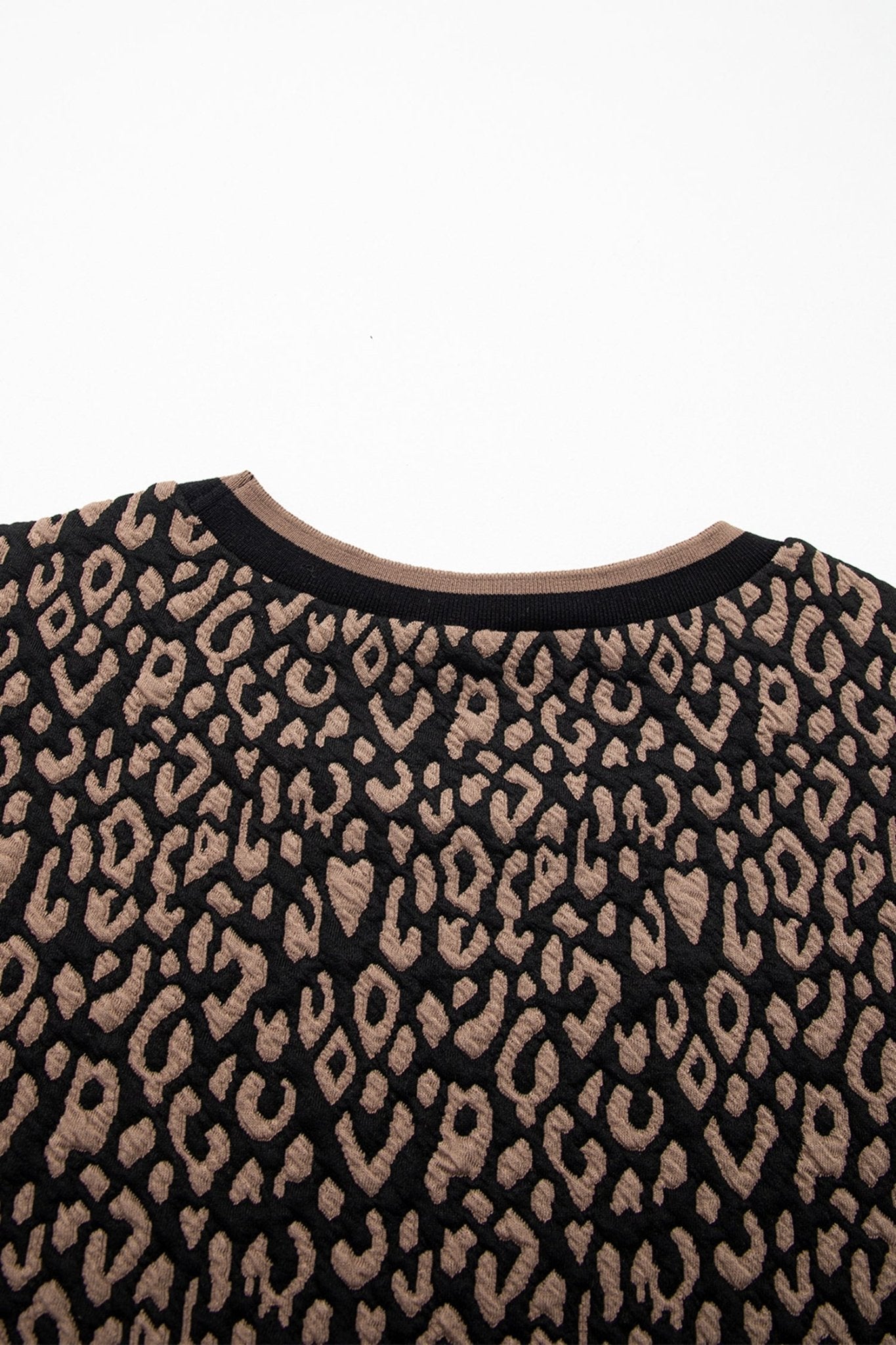 Black Leopard Print Puffy Bracelet Sleeve Contrast Trim Round Neck Top - Crowned Energy CO.