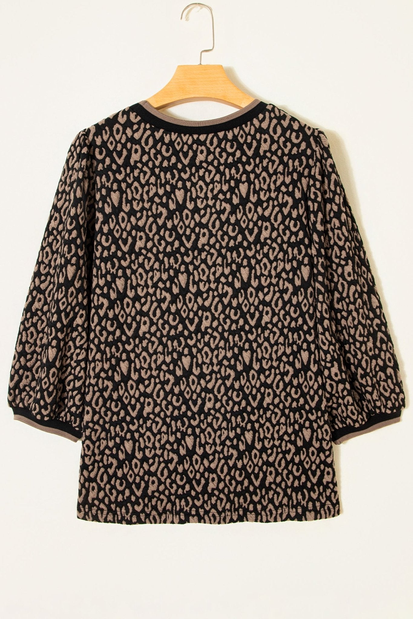 Black Leopard Print Puffy Bracelet Sleeve Contrast Trim Round Neck Top - Crowned Energy CO.