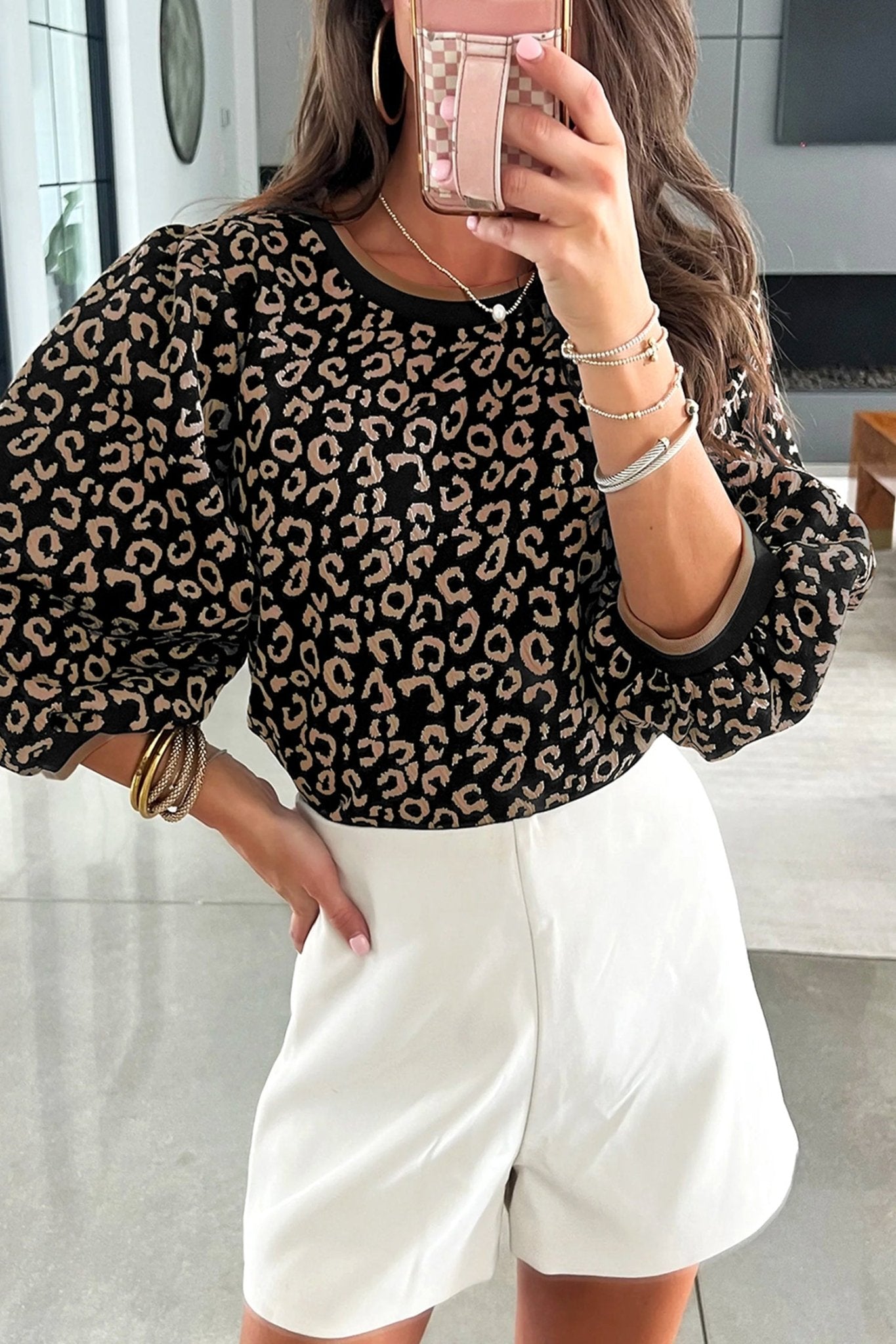 Black Leopard Print Puffy Bracelet Sleeve Contrast Trim Round Neck Top - Crowned Energy CO.