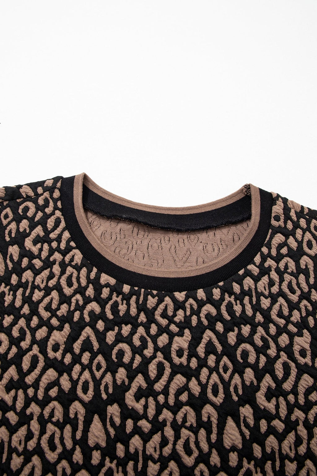 Black Leopard Print Puffy Bracelet Sleeve Contrast Trim Round Neck Top - Crowned Energy CO.