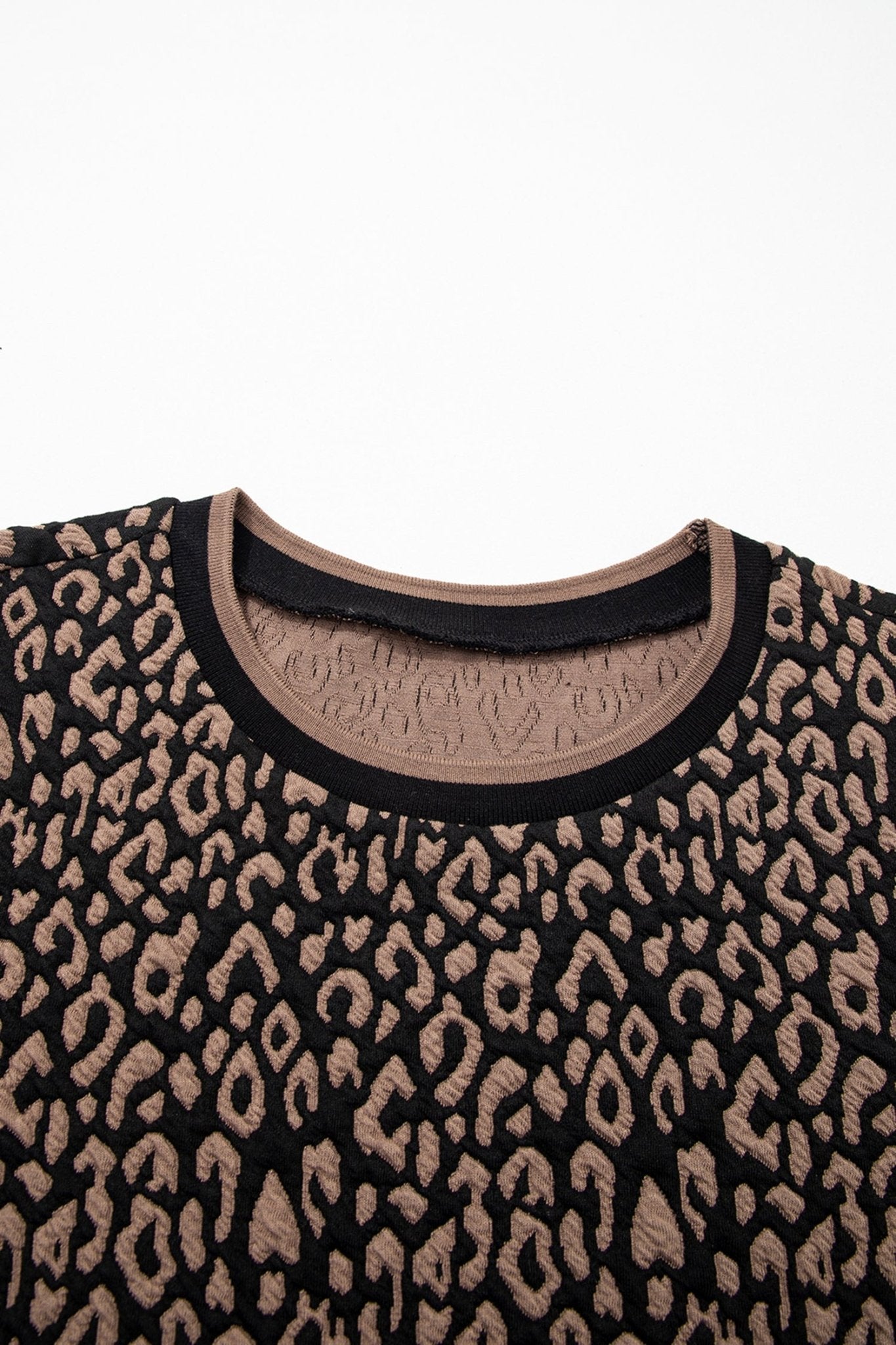 Black Leopard Print Puffy Bracelet Sleeve Contrast Trim Round Neck Top - Crowned Energy CO.