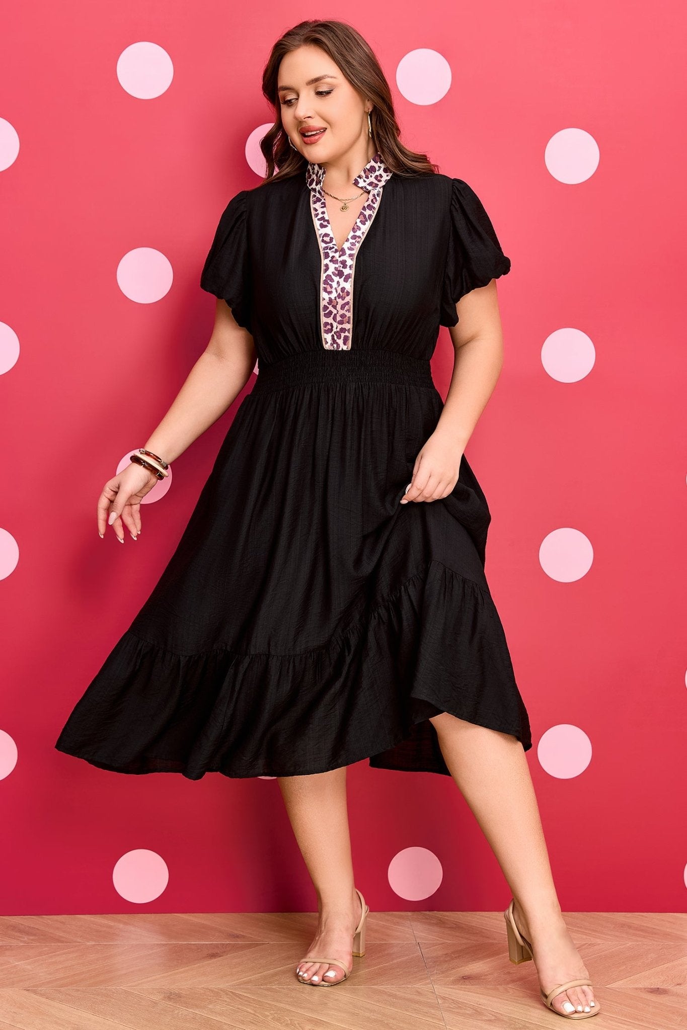 Black Leopard V Neck Patchwork Smocked Waist Plus Size Ruffled Dress - Crowned Energy CO.