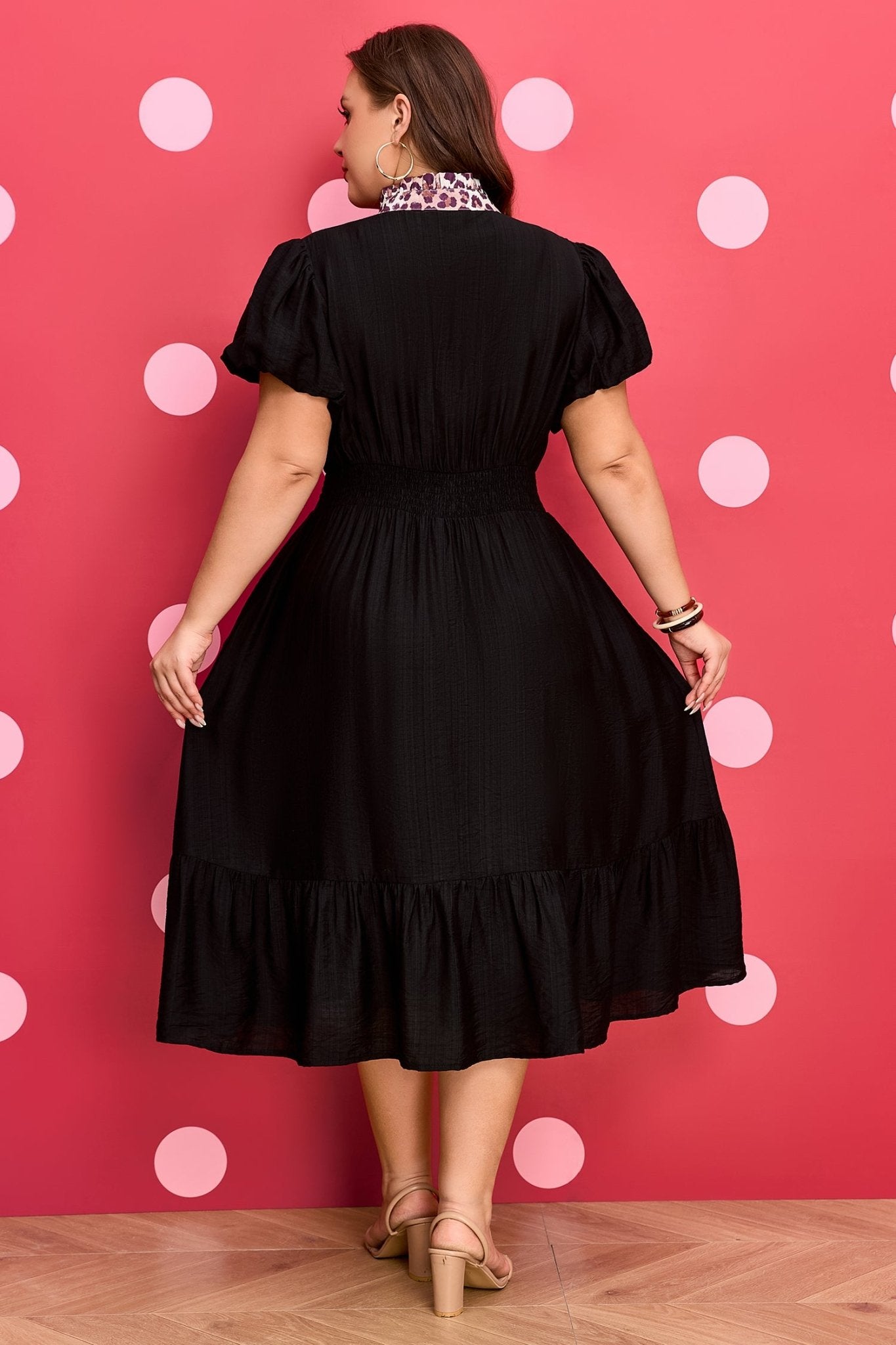 Black Leopard V Neck Patchwork Smocked Waist Plus Size Ruffled Dress - Crowned Energy CO.