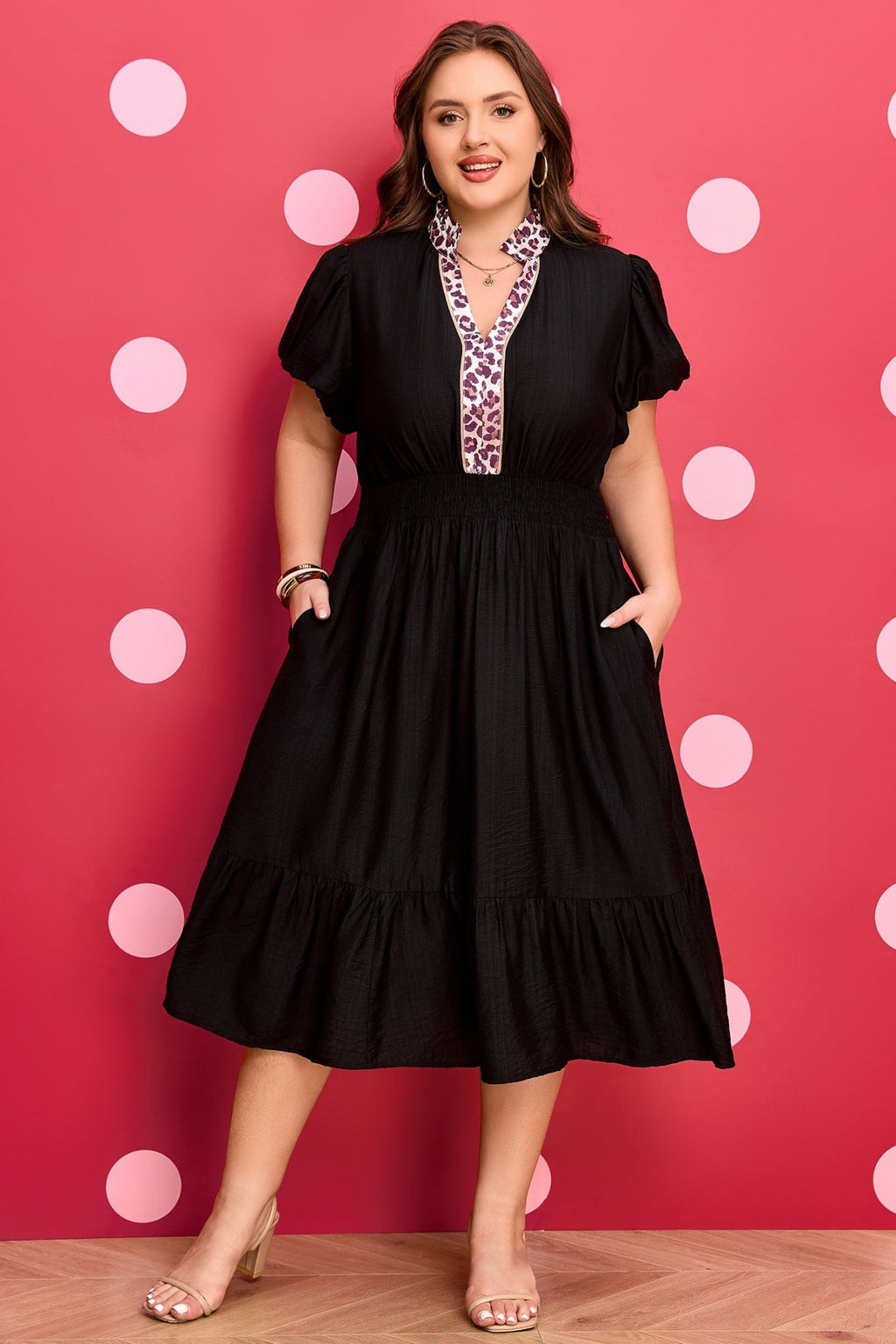 Black Leopard V Neck Patchwork Smocked Waist Plus Size Ruffled Dress - Crowned Energy CO.