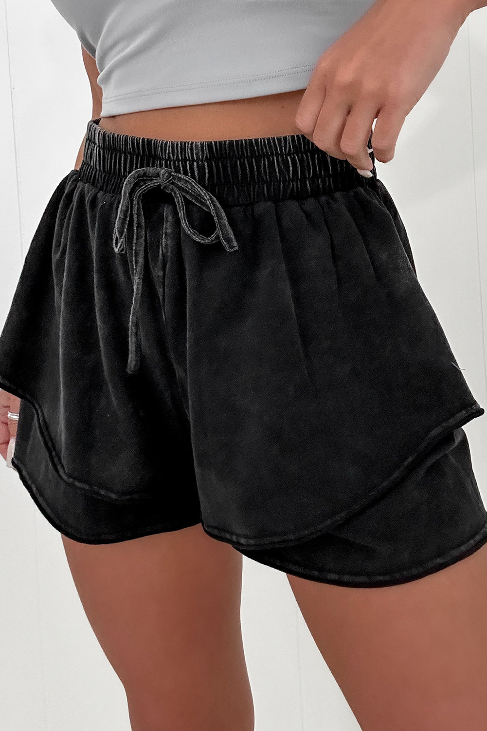 Crowned Energy CO. Black / S / 100%Cotton Dear-Lover Dropshipping Bottoms/Casual Shorts Black Mineral Wash French Terry Drawstring Elastic Waistband Casual Shorts