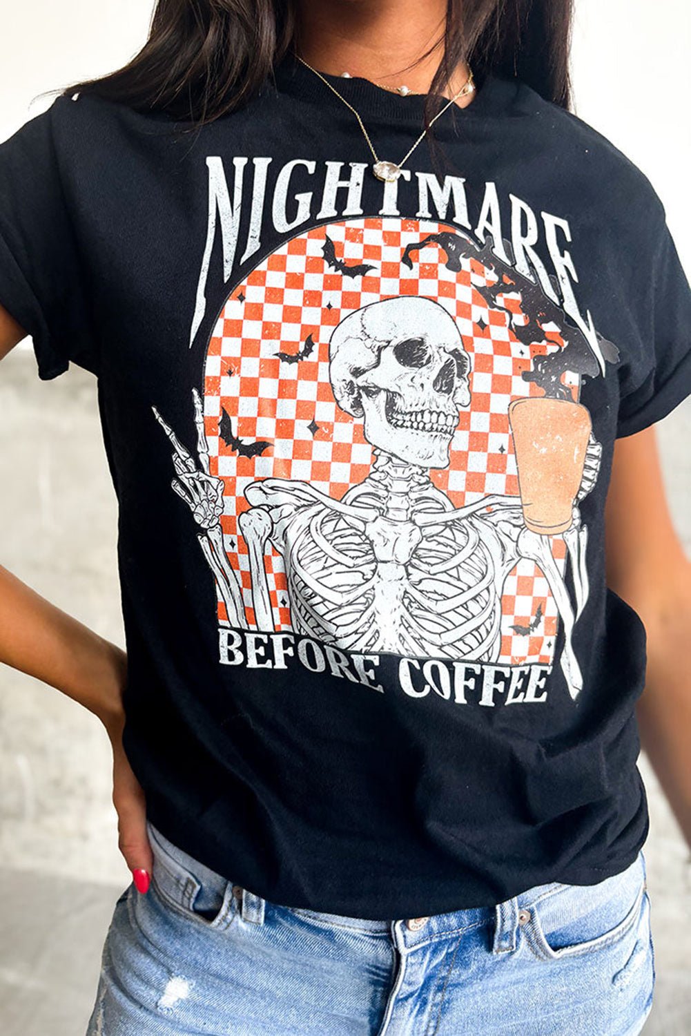 Black Nightmare Before Coffee Skull Checkerboard Graphic Halloween Tee - Crowned Energy CO.