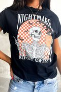 Black Nightmare Before Coffee Skull Checkerboard Graphic Halloween Tee - Crowned Energy CO.