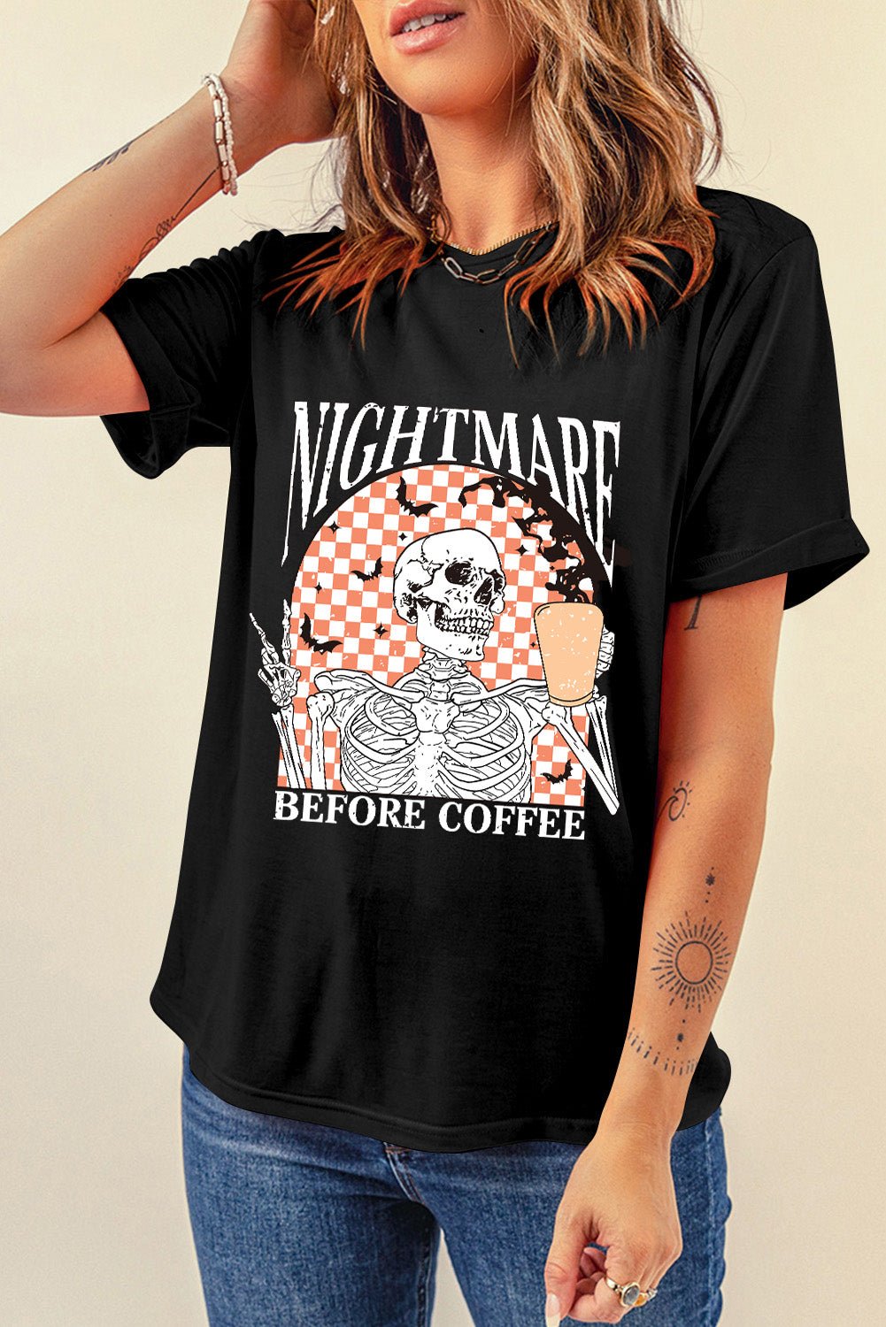 Black Nightmare Before Coffee Skull Checkerboard Graphic Halloween Tee - Crowned Energy CO.