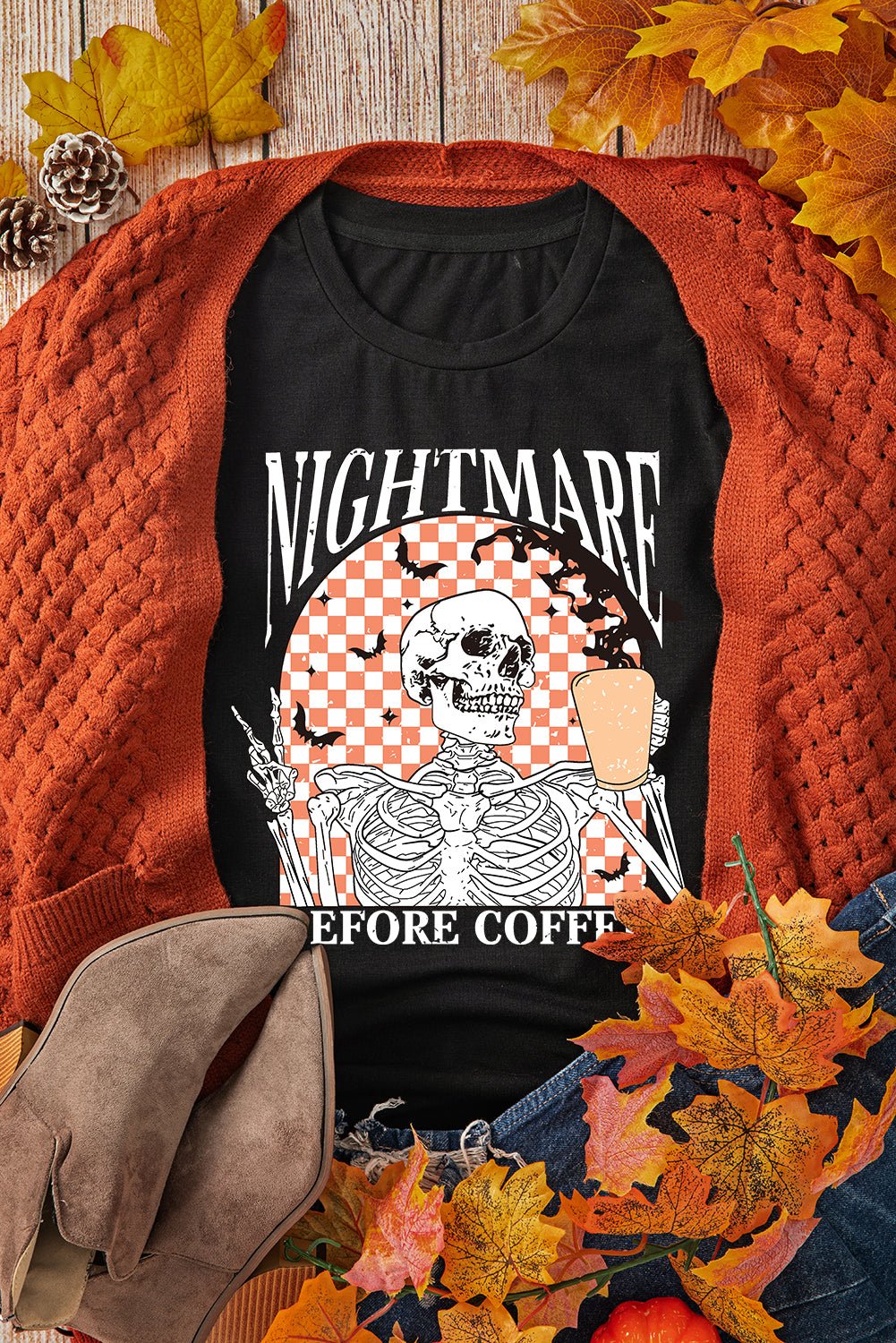 Black Nightmare Before Coffee Skull Checkerboard Graphic Halloween Tee - Crowned Energy CO.