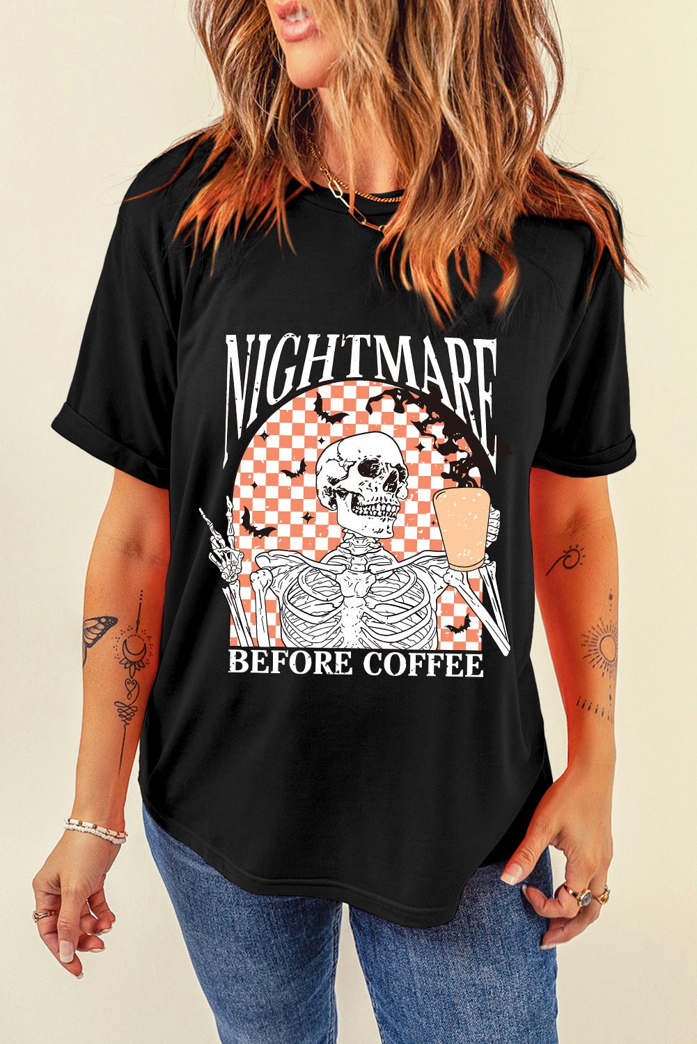 Black Nightmare Before Coffee Skull Checkerboard Graphic Halloween Tee - Crowned Energy CO.