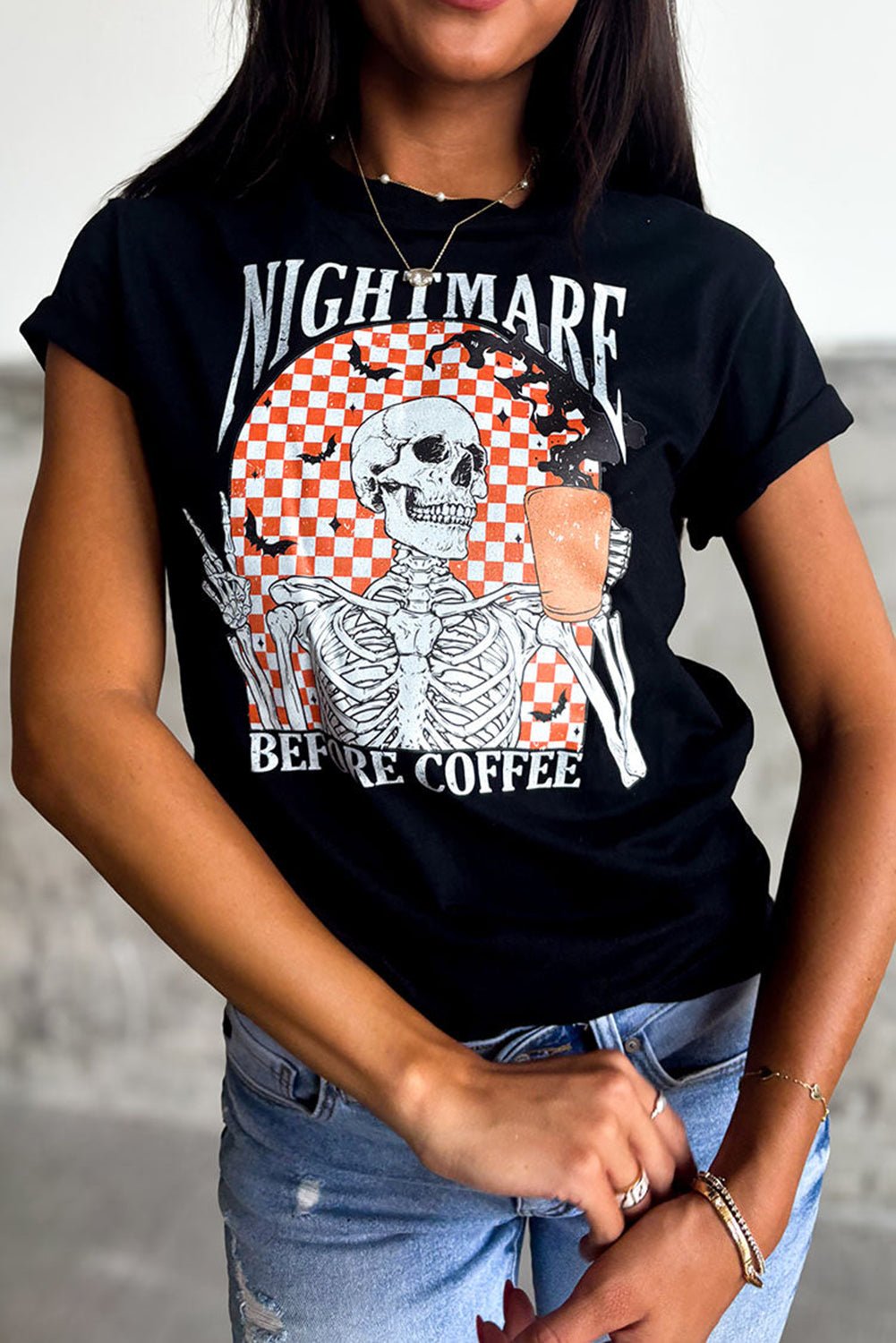 Black Nightmare Before Coffee Skull Checkerboard Graphic Halloween Tee - Crowned Energy CO.