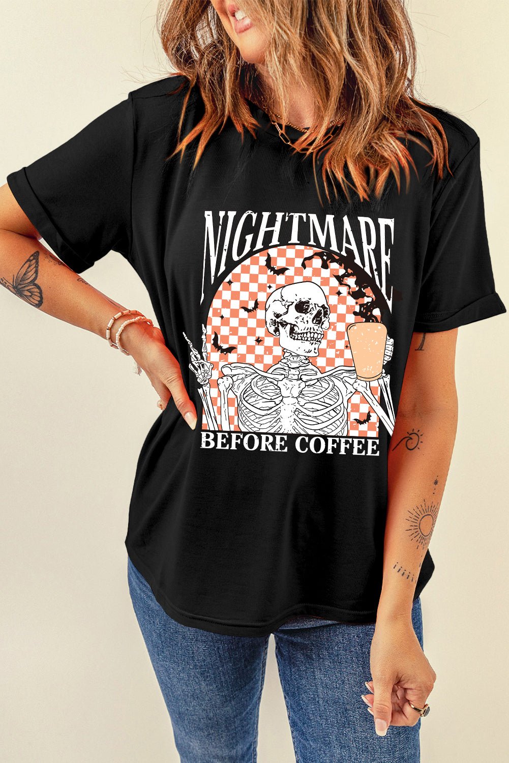 Black Nightmare Before Coffee Skull Checkerboard Graphic Halloween Tee - Crowned Energy CO.