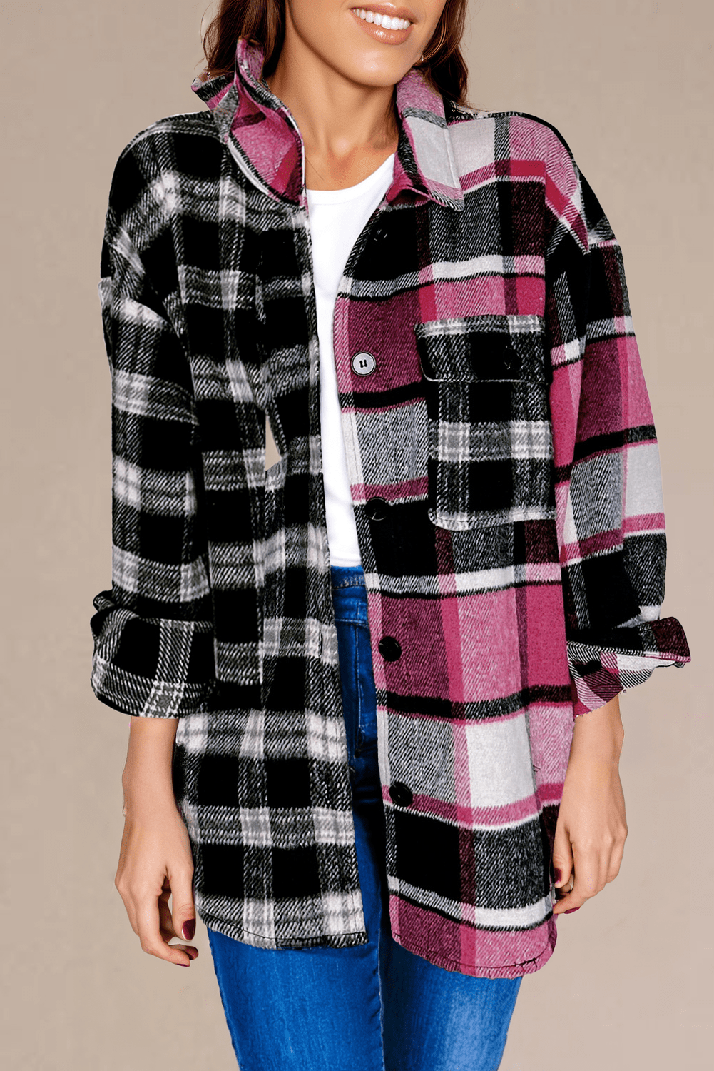 Crowned Energy CO. Black / S / 100%Polyester Dear-Lover Dropshipping Outerwear/Plaid Shackets Black Plaid Colorblock Loose Shacket