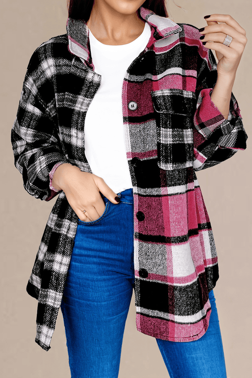Crowned Energy CO. Black / S / 100%Polyester Dear-Lover Dropshipping Outerwear/Plaid Shackets Black Plaid Colorblock Loose Shacket
