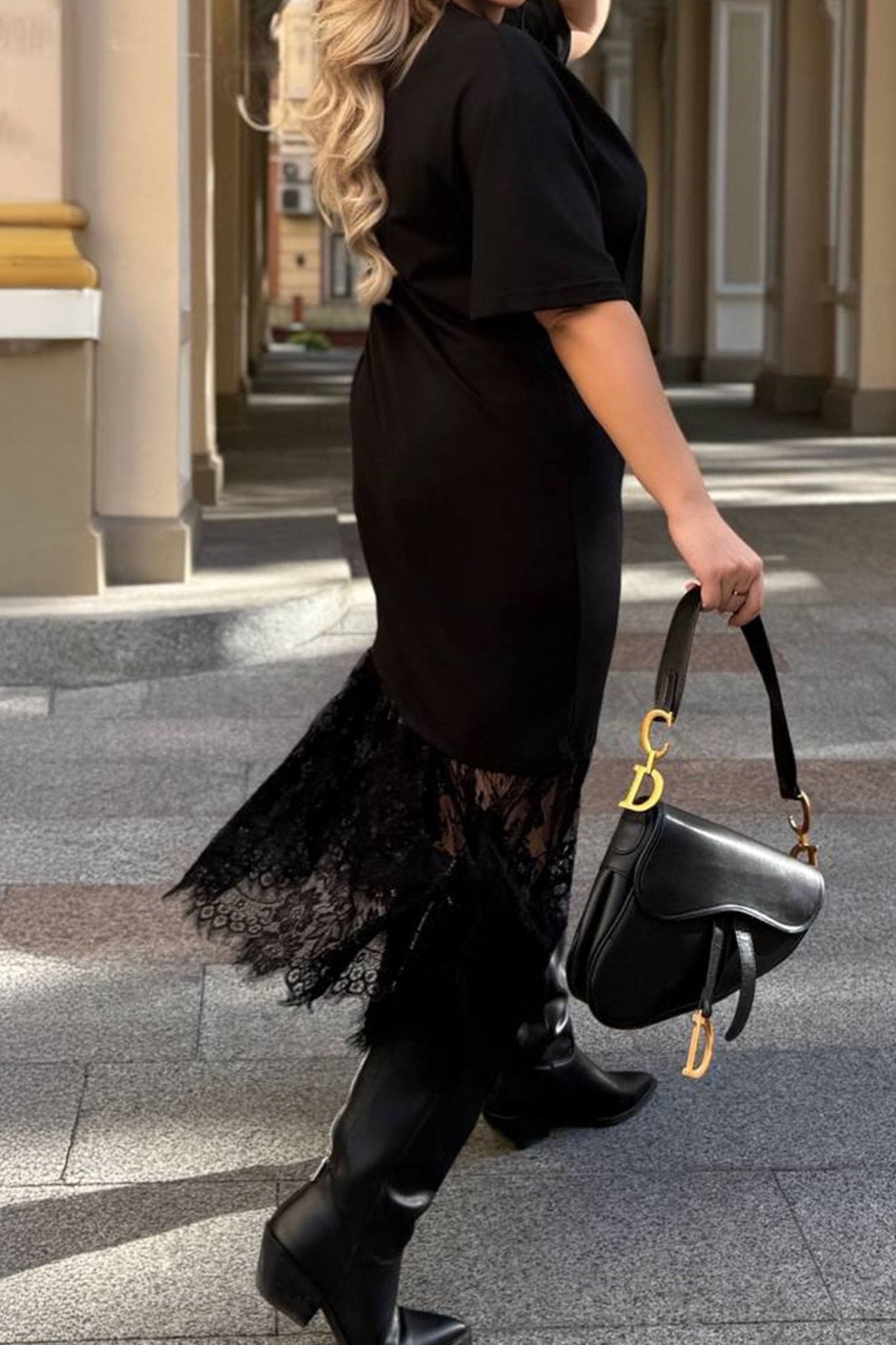 Black Plus Size Lace Hem Patchwork T Shirt Midi Dress - Crowned Energy CO.