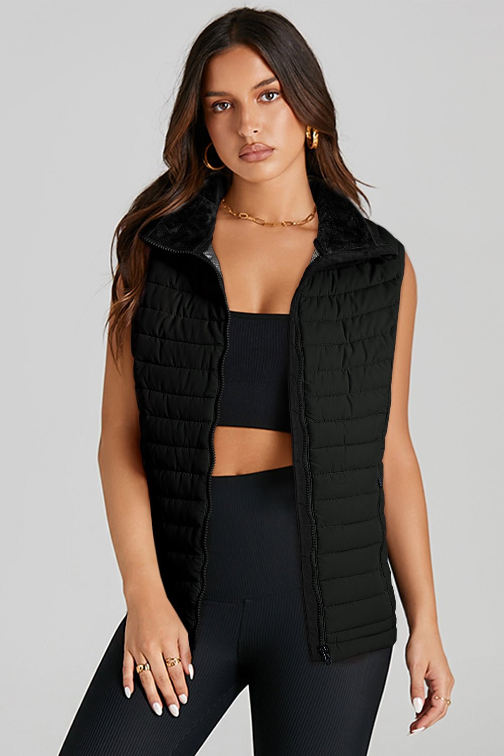 Black Plush Collared Quilted Zipped Puffer Vest - Crowned Energy CO.