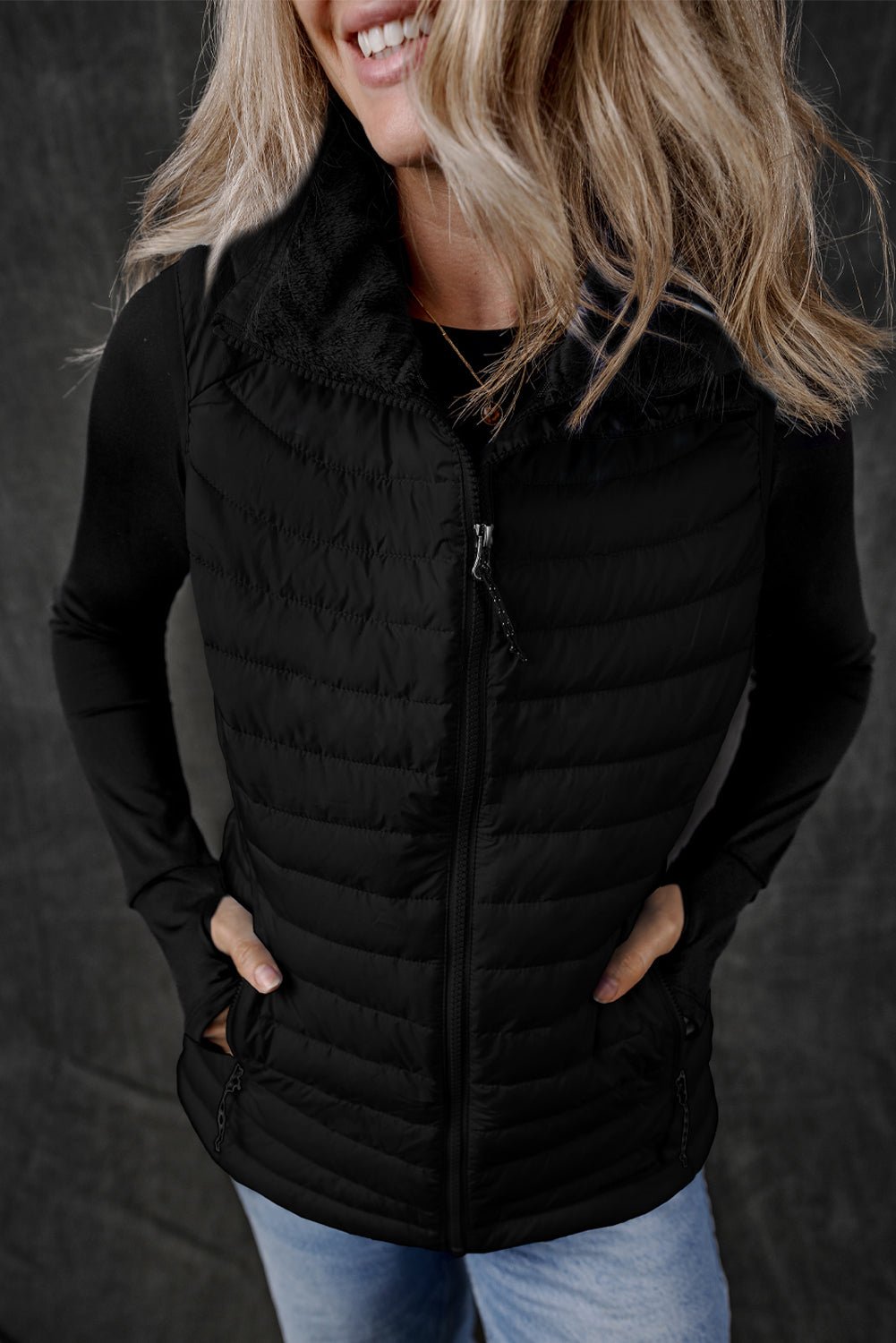 Black Plush Collared Quilted Zipped Puffer Vest - Crowned Energy CO.