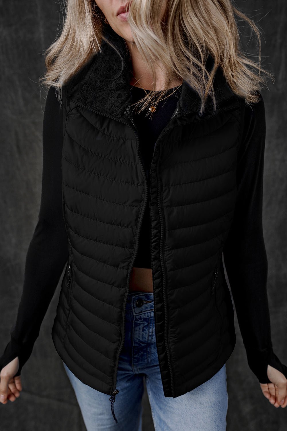 Black Plush Collared Quilted Zipped Puffer Vest - Crowned Energy CO.