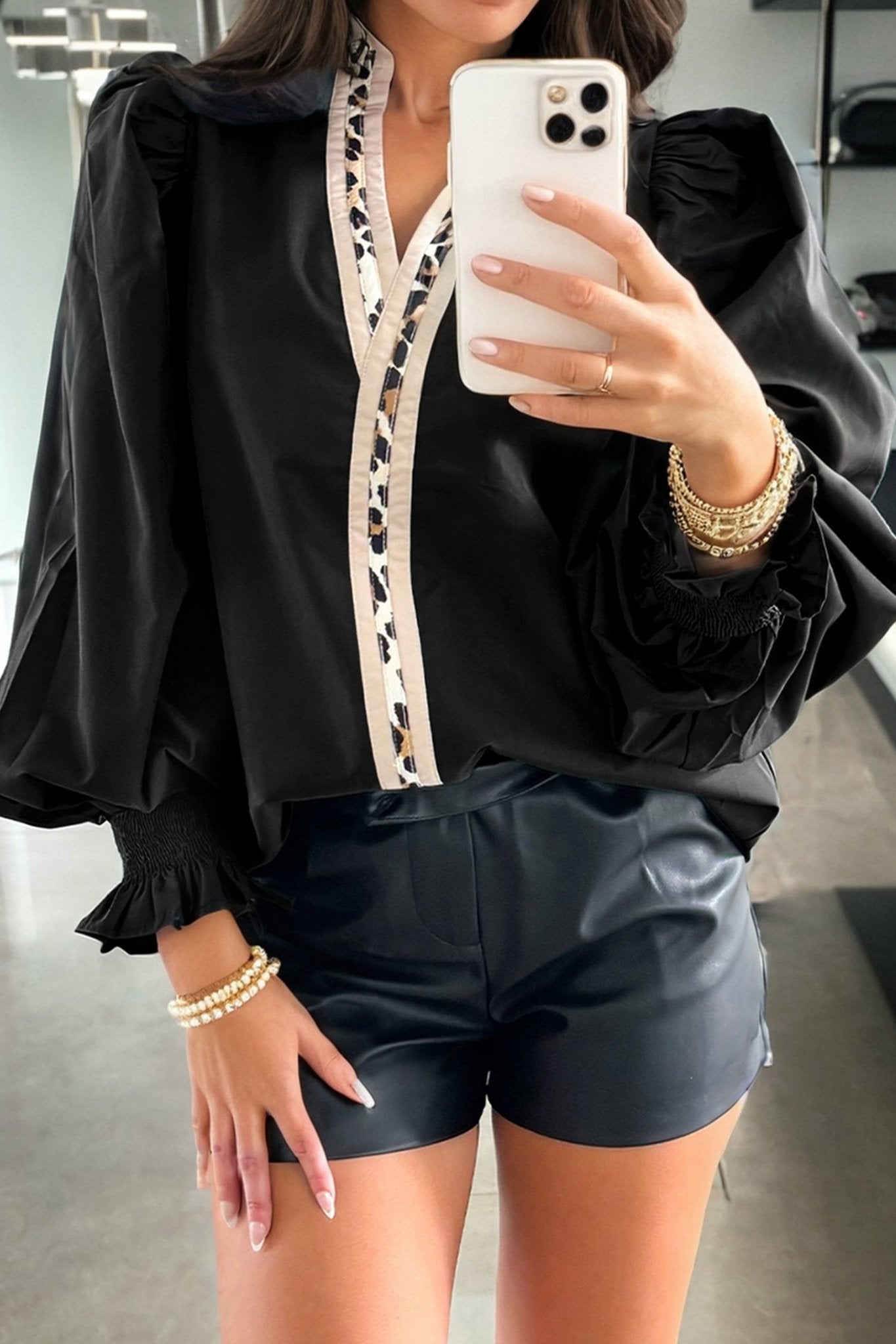 Black Puffy Flounce Sleeve Leopard Trim V Neck Blouse - Crowned Energy CO.