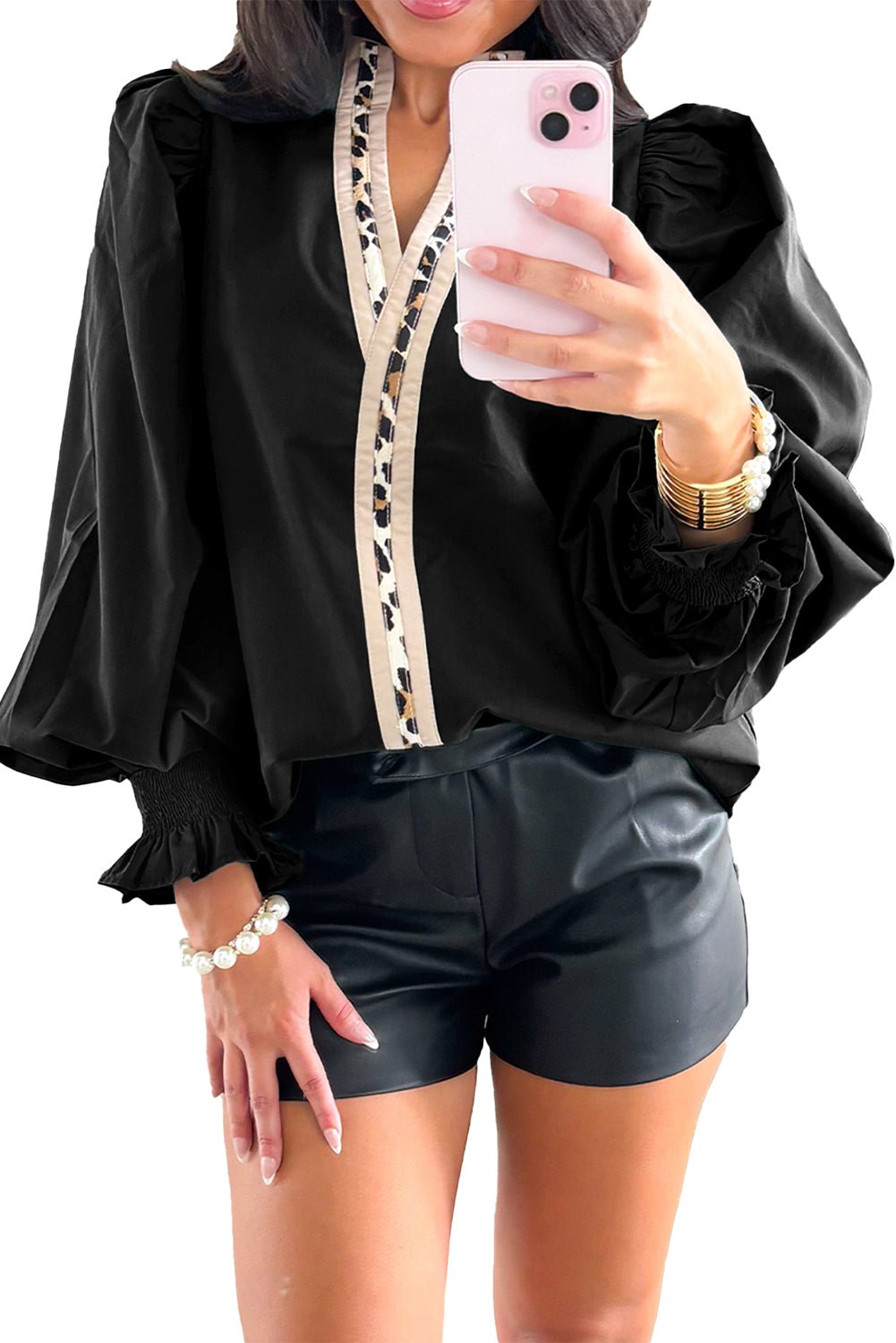 Black Puffy Flounce Sleeve Leopard Trim V Neck Blouse - Crowned Energy CO.