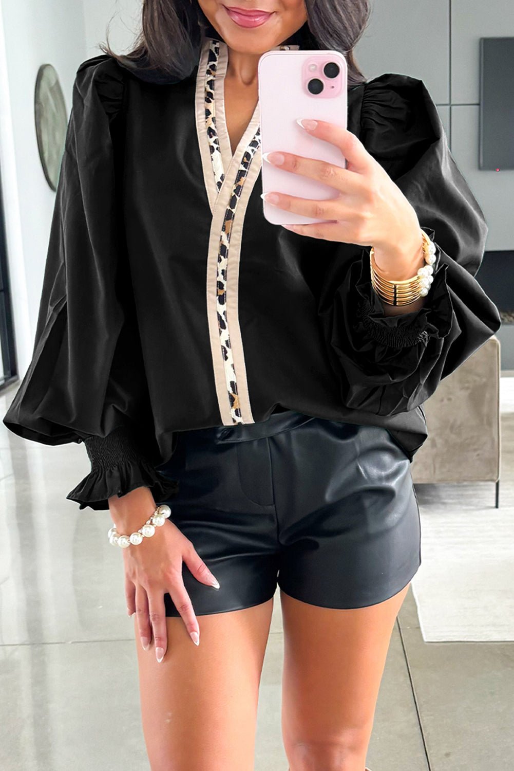 Black Puffy Flounce Sleeve Leopard Trim V Neck Blouse - Crowned Energy CO.
