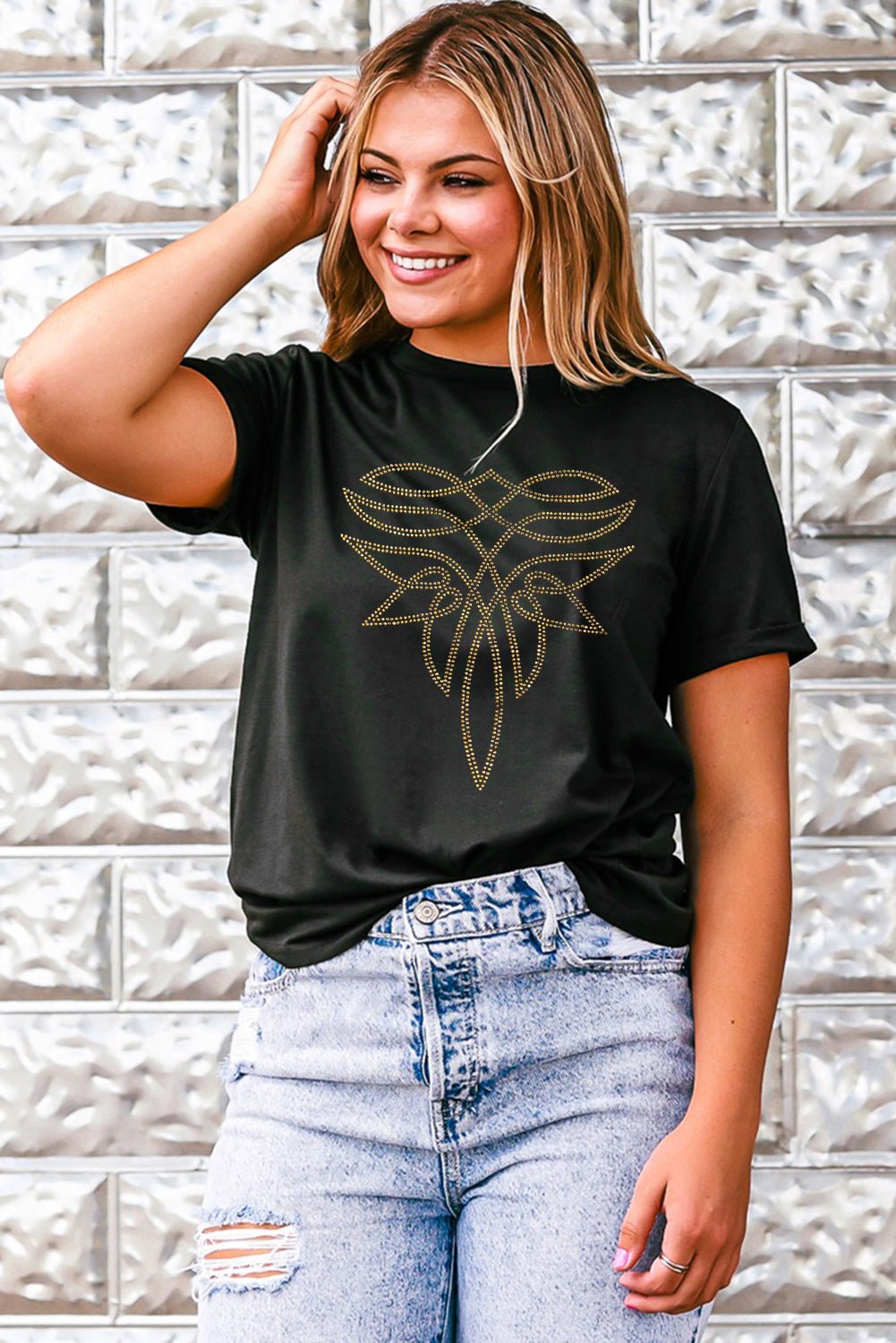 Black Rhinestone Western Pattern Cotton Blend Graphic T Shirt - Crowned Energy CO.