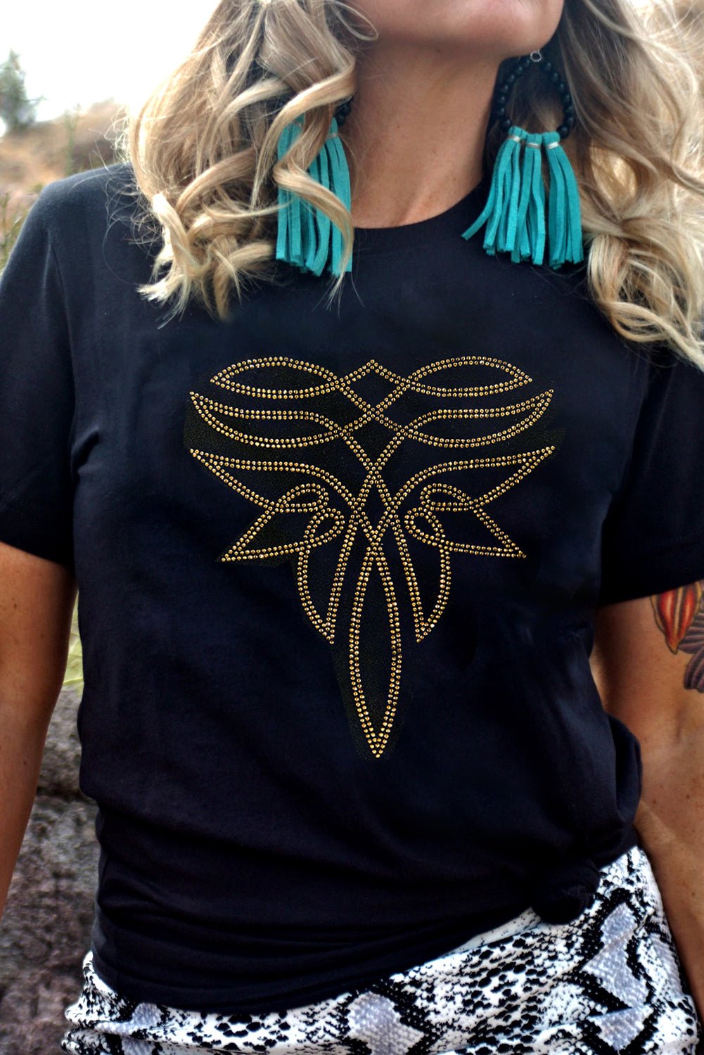 Black Rhinestone Western Pattern Cotton Blend Graphic T Shirt - Crowned Energy CO.