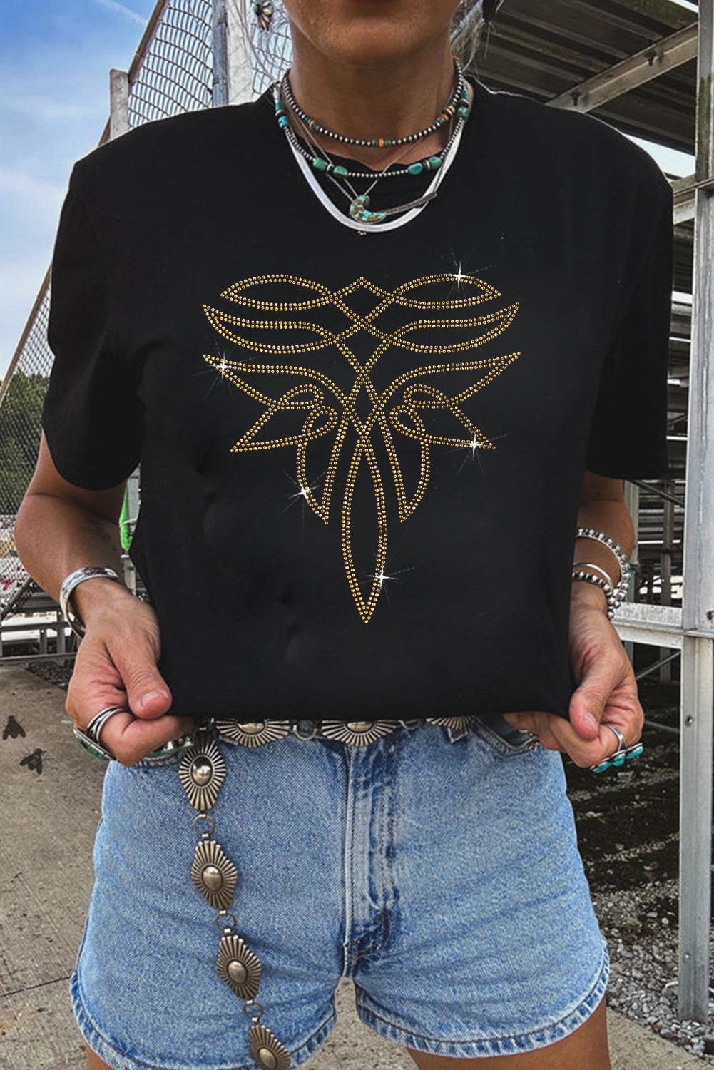 Black Rhinestone Western Pattern Cotton Blend Graphic T Shirt - Crowned Energy CO.