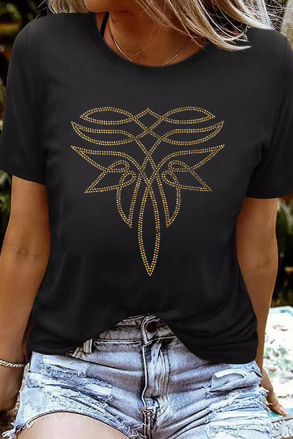 Black Rhinestone Western Pattern Cotton Blend Graphic T Shirt - Crowned Energy CO.