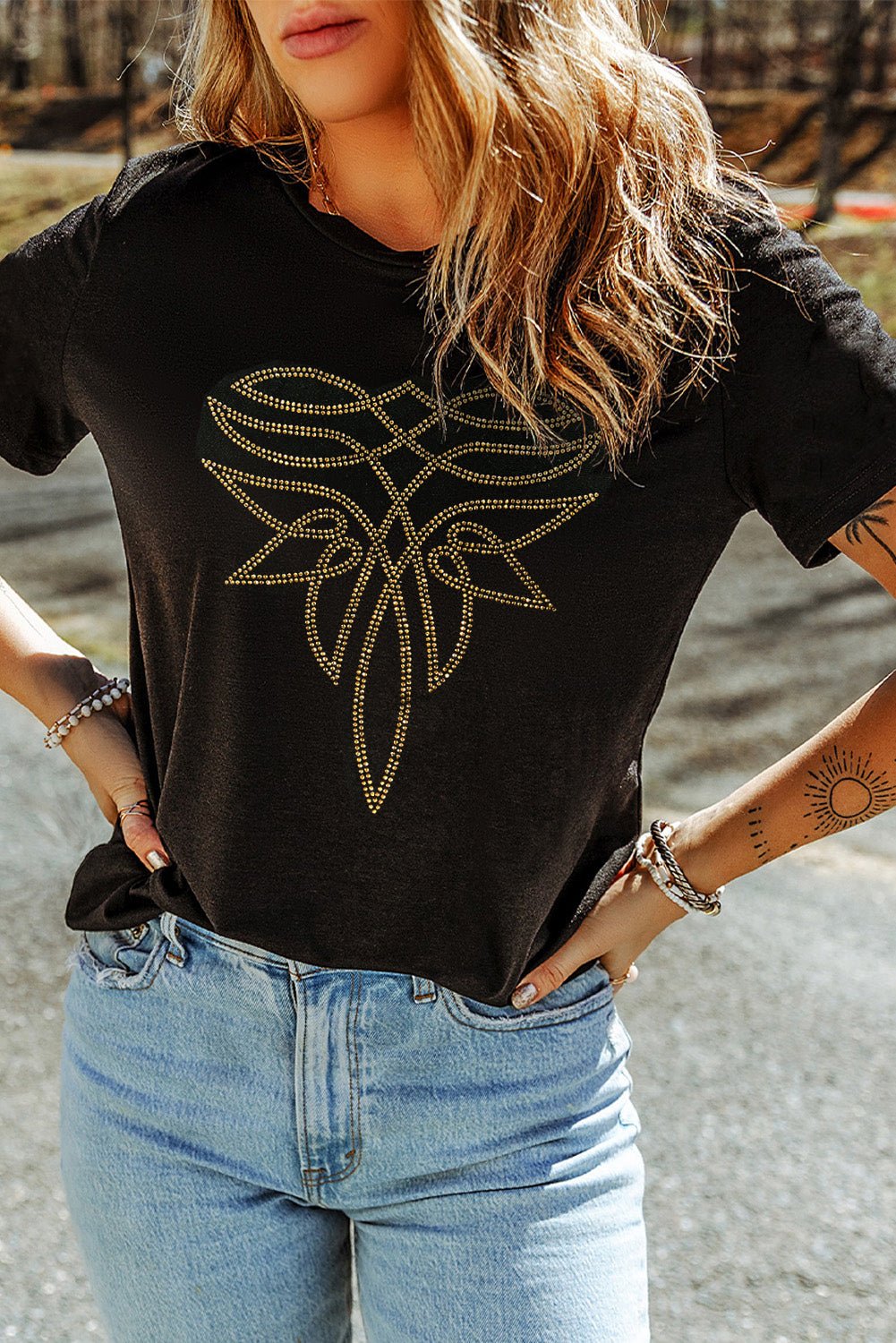 Black Rhinestone Western Pattern Cotton Blend Graphic T Shirt - Crowned Energy CO.