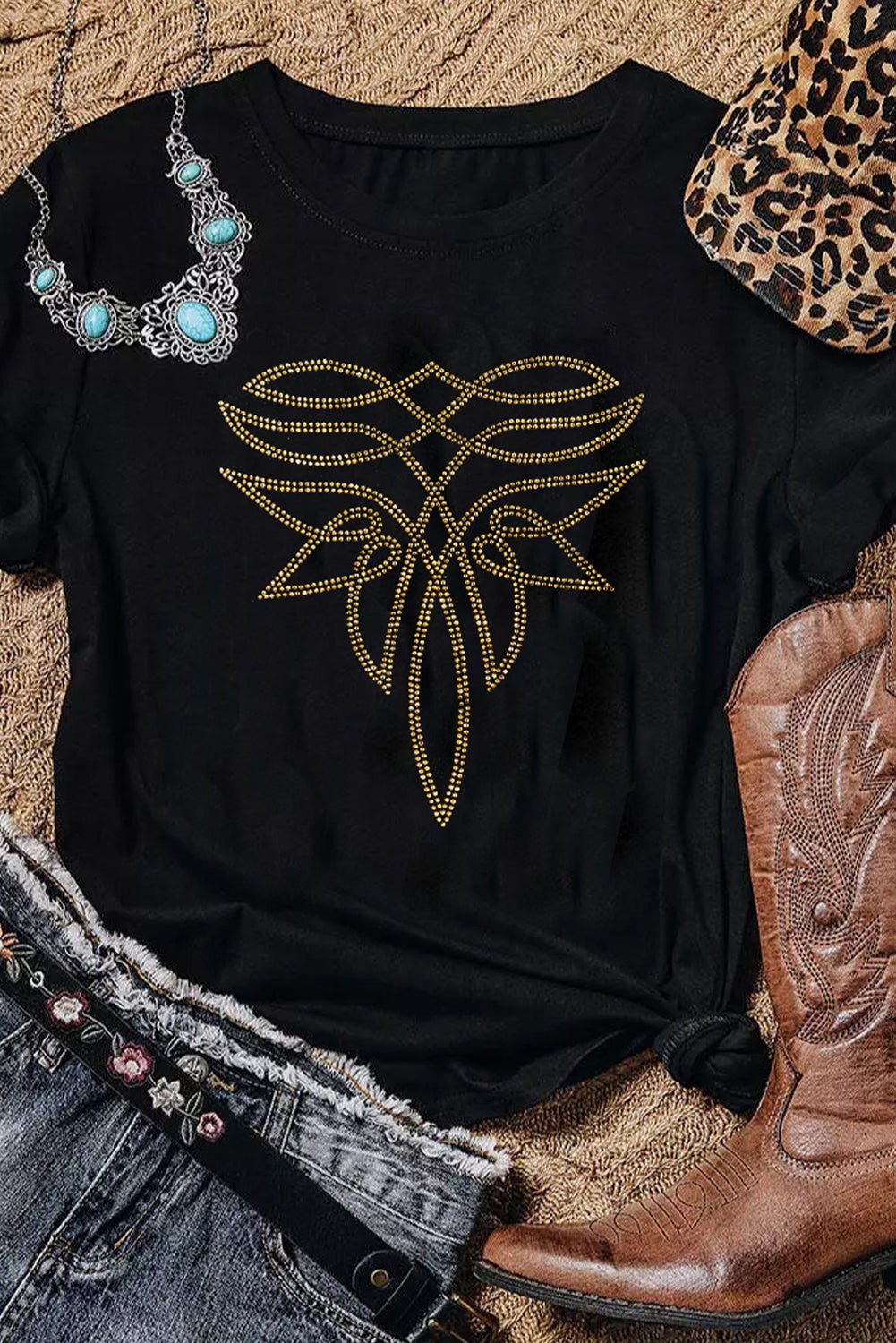 Black Rhinestone Western Pattern Cotton Blend Graphic T Shirt - Crowned Energy CO.