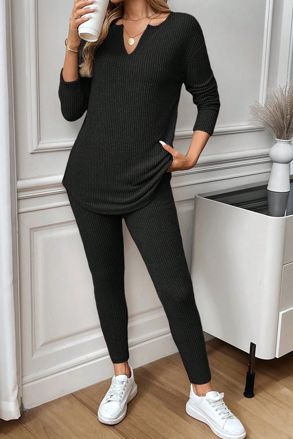 Black Ribbed Notched Neck Knit Long Sleeve Leggings Two Pieces Lounge Set - Crowned Energy CO.