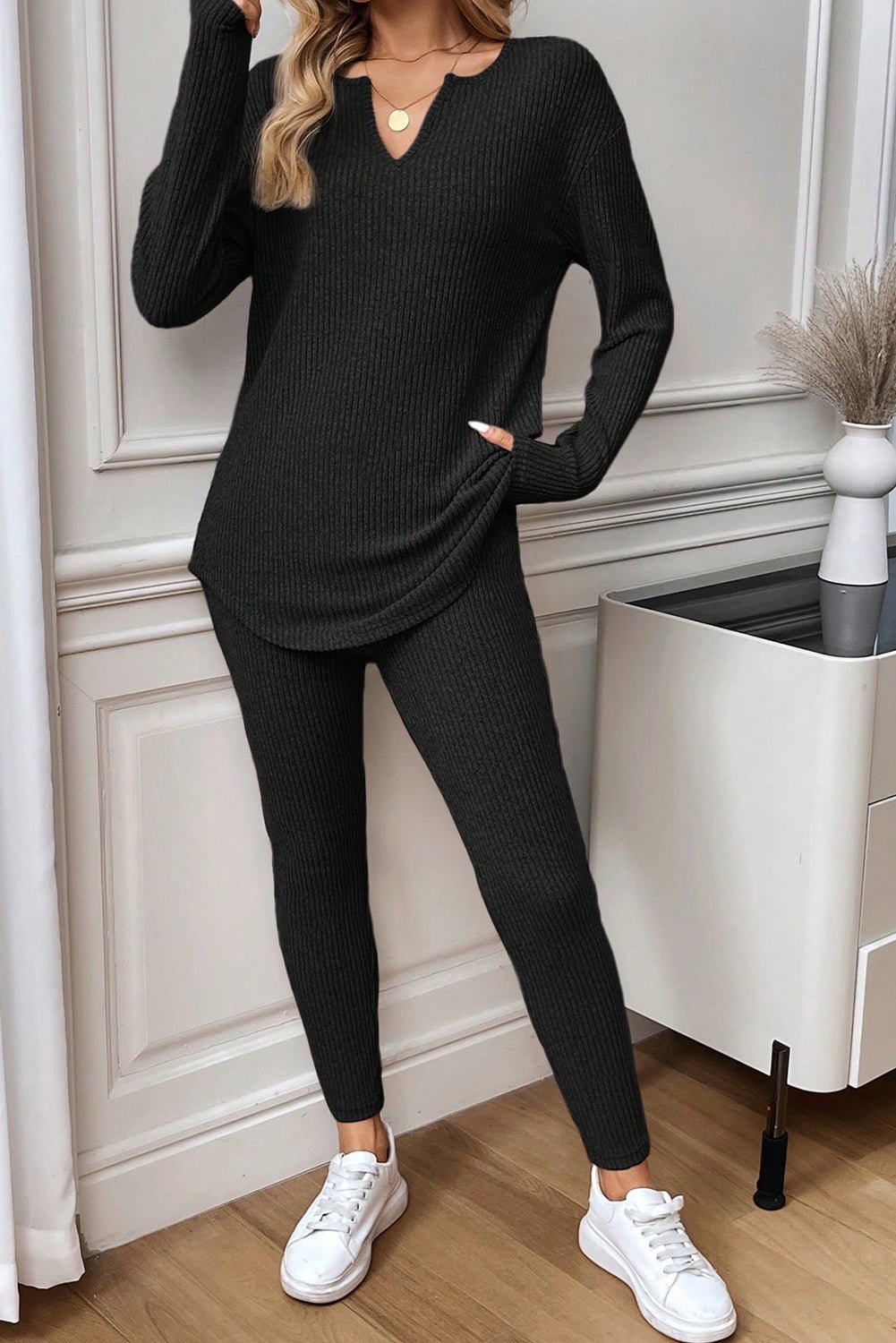 Black Ribbed Notched Neck Knit Long Sleeve Leggings Two Pieces Lounge Set - Crowned Energy CO.