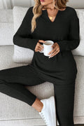 Black Ribbed Notched Neck Knit Long Sleeve Leggings Two Pieces Lounge Set - Crowned Energy CO.