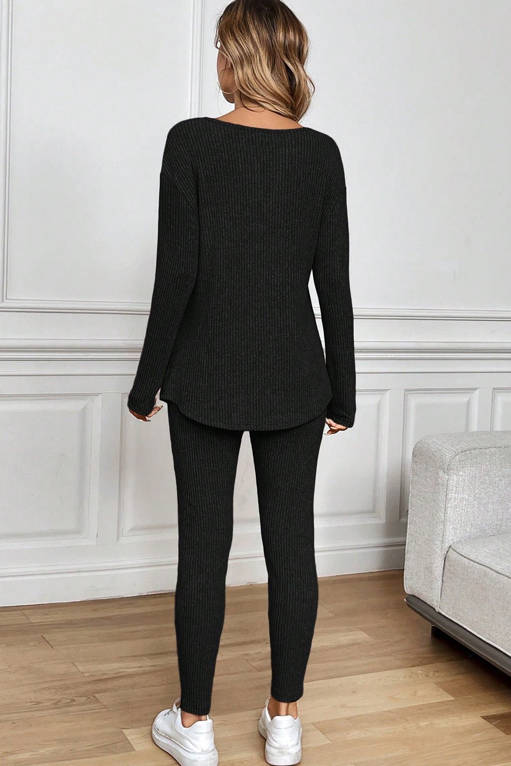 Black Ribbed Notched Neck Knit Long Sleeve Leggings Two Pieces Lounge Set - Crowned Energy CO.