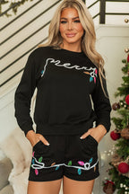 Black Sequin Merry Graphic Pullover and Shorts Outfit - Goddess Vibes