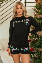 Black Sequin Merry Graphic Pullover and Shorts Outfit - Goddess Vibes