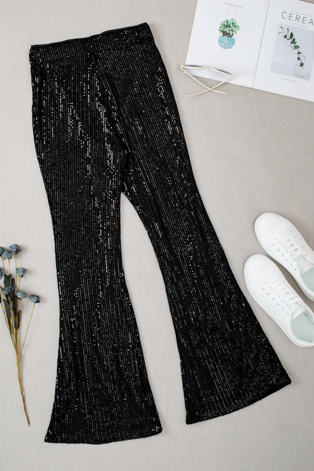 Black Sequin Wide Leg Pants - Crowned Energy CO.