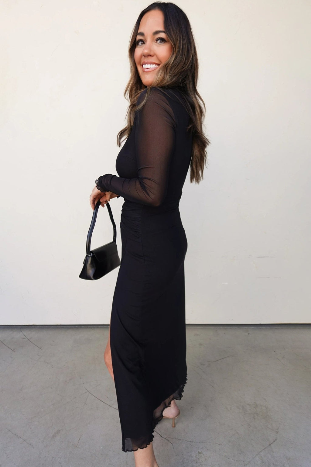 Black Sheer Mesh Long Sleeve Twisted Knot Side Slit Midi Dress - Crowned Energy CO.