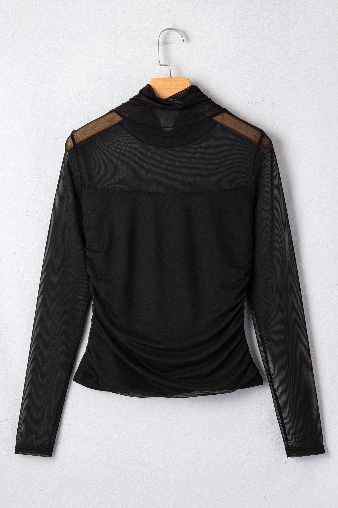 Black Sheer Mesh Patchwork High Neck Long Sleeve Top - Crowned Energy CO.