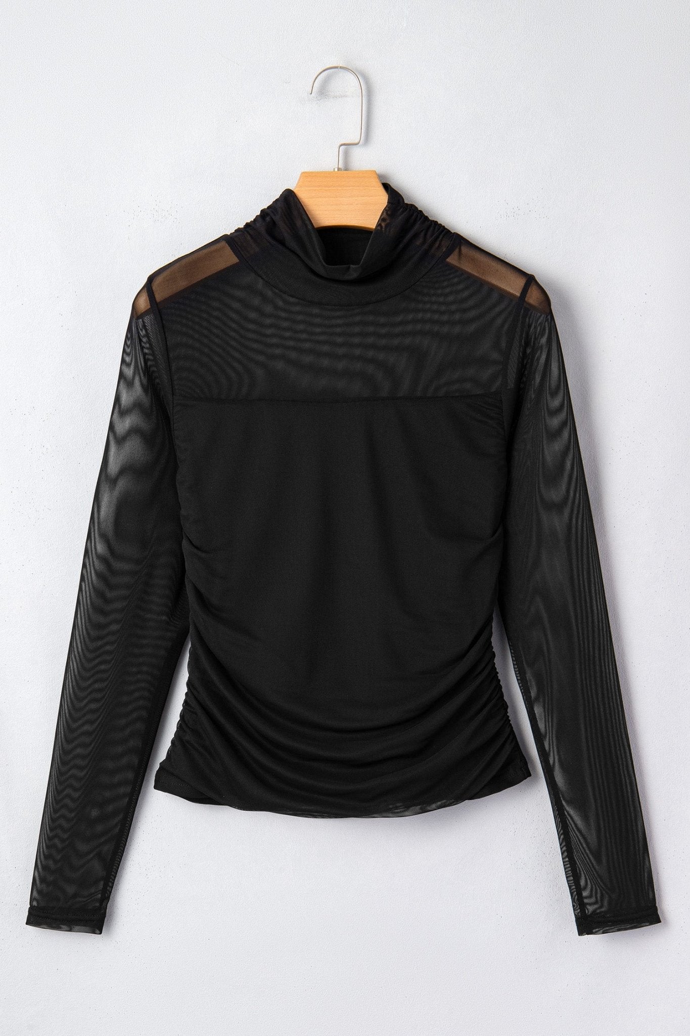 Black Sheer Mesh Patchwork High Neck Long Sleeve Top - Crowned Energy CO.