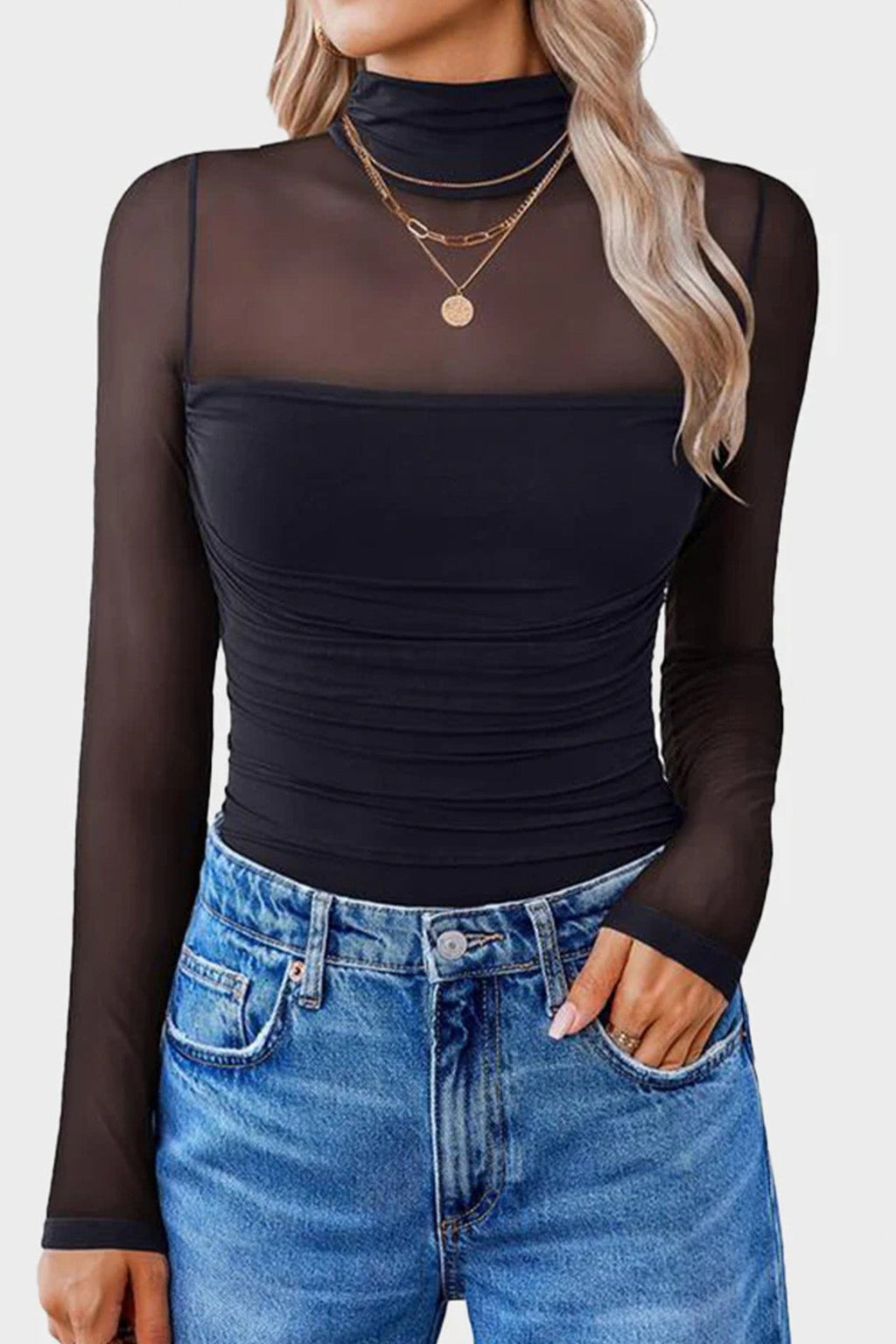 Black Sheer Mesh Patchwork High Neck Long Sleeve Top - Crowned Energy CO.