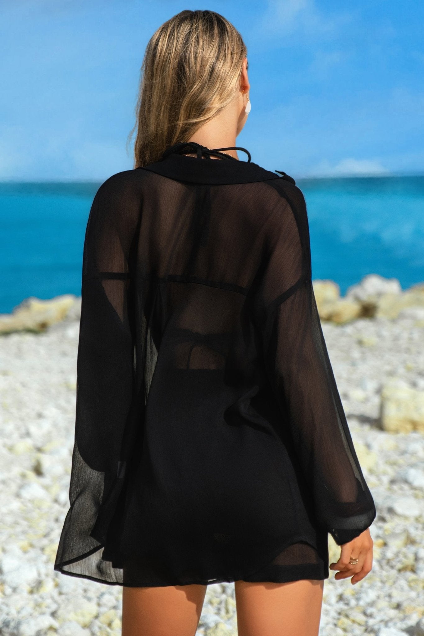 Black Sheer Tunic Shirt Drawstring Shorts 2pcs Swim Cover Up - Crowned Energy CO.
