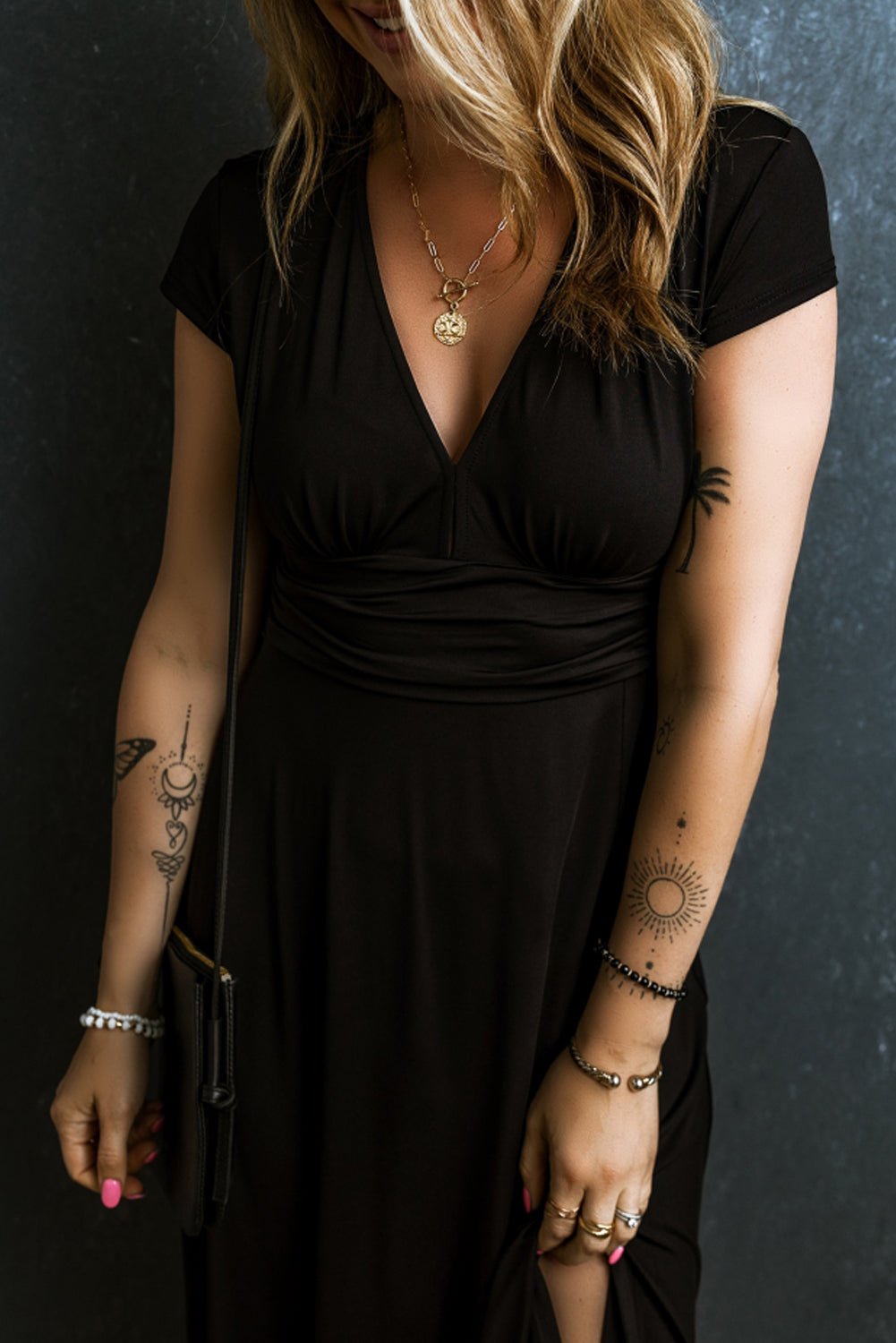 Crowned Energy CO. Black / S / 65%Polyester+30%Viscose+5%Elastane Dear-Lover Dropshipping Dresses Black Short Sleeve Shirred High Waist V Neck Maxi Dress