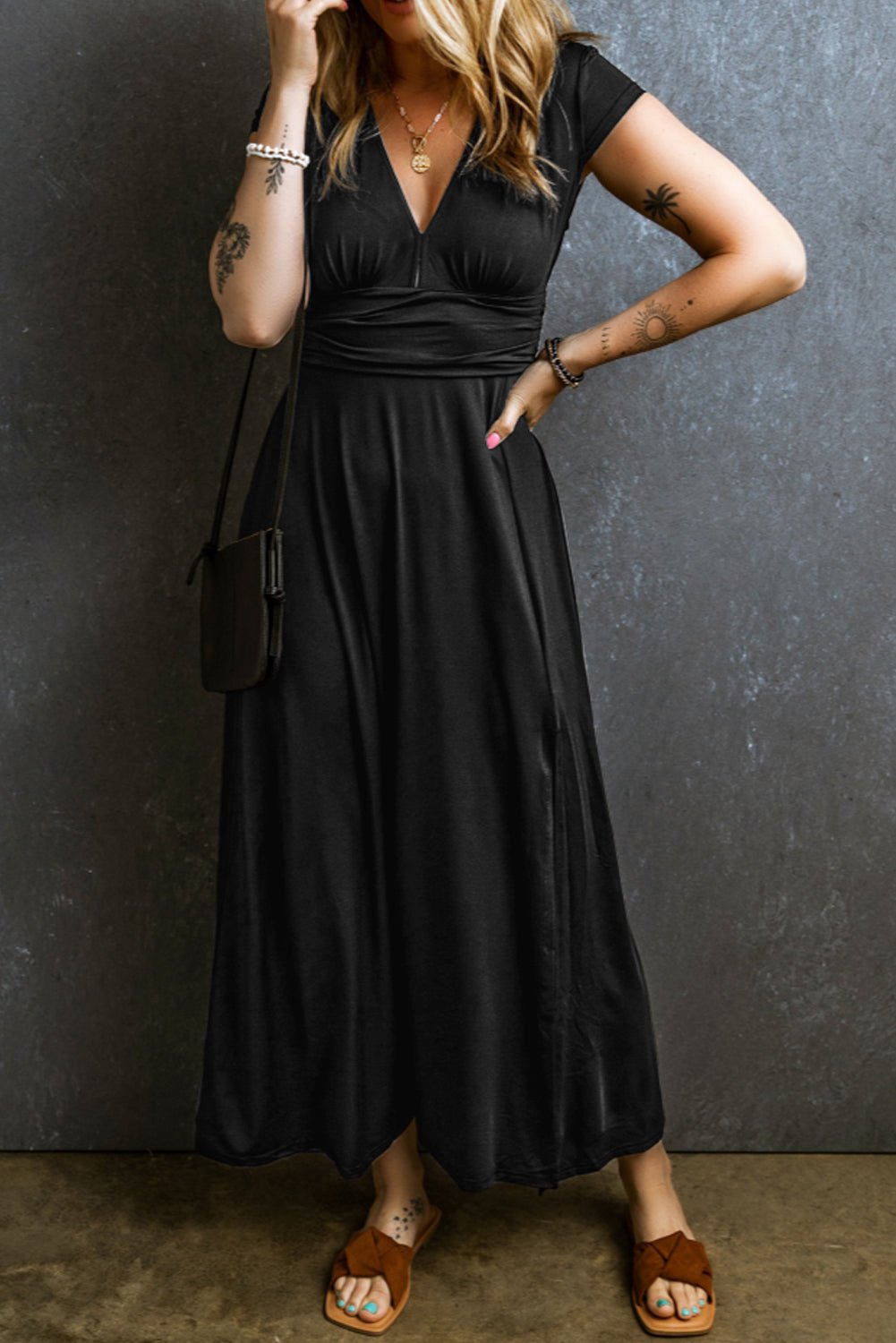 Crowned Energy CO. Black / S / 65%Polyester+30%Viscose+5%Elastane Dear-Lover Dropshipping Dresses Black Short Sleeve Shirred High Waist V Neck Maxi Dress