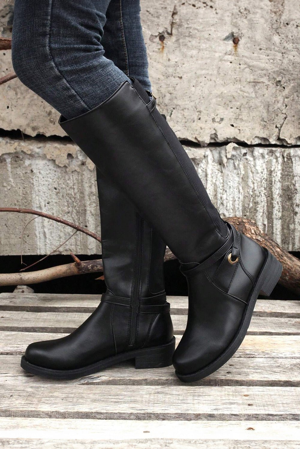 Black Side Zipper Knee High Chunky Low Heel Boots - Crowned Energy CO.